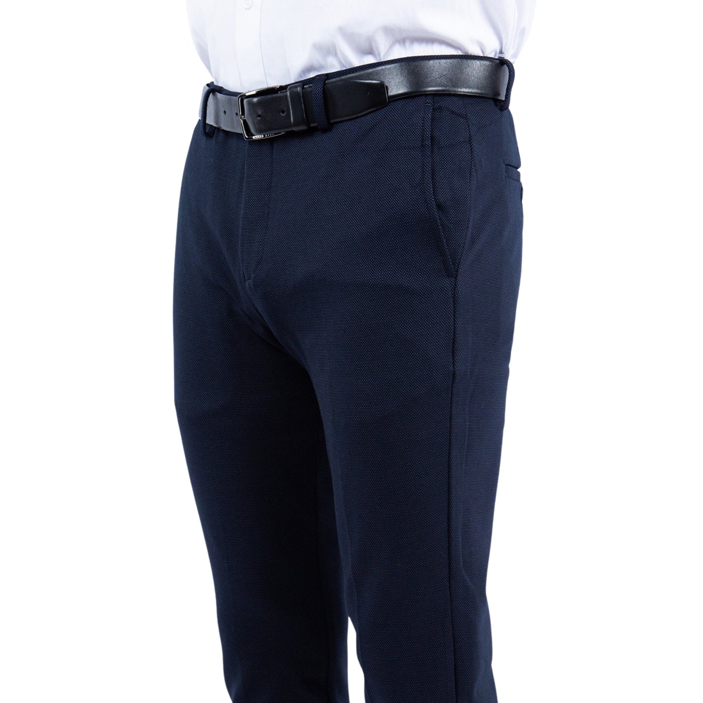 Close-up view of Flex Tailor's Performance Navy Dress Pants showcasing the slim fit and detailed texture