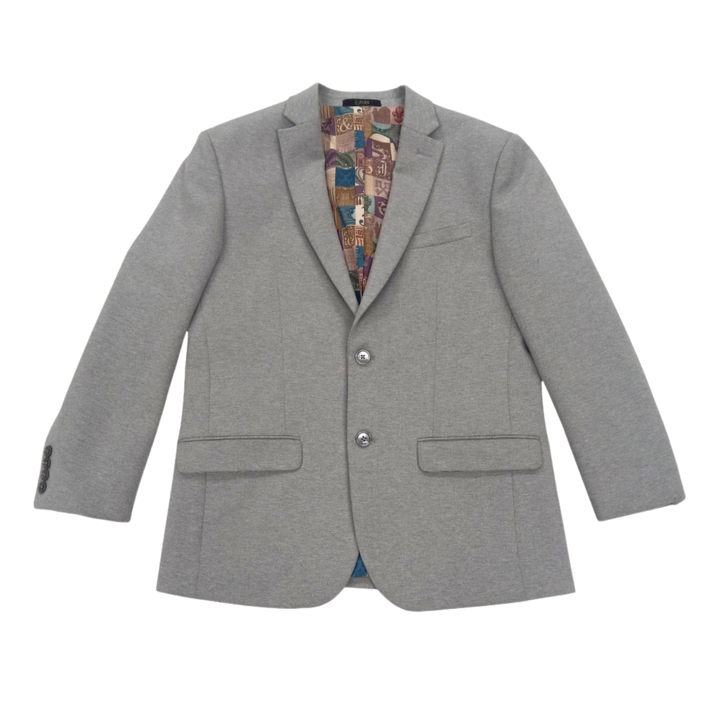Flex Tailor Heather Gray Knit Blazer featuring a chic patterned lining, blending casual comfort with tailored elegance