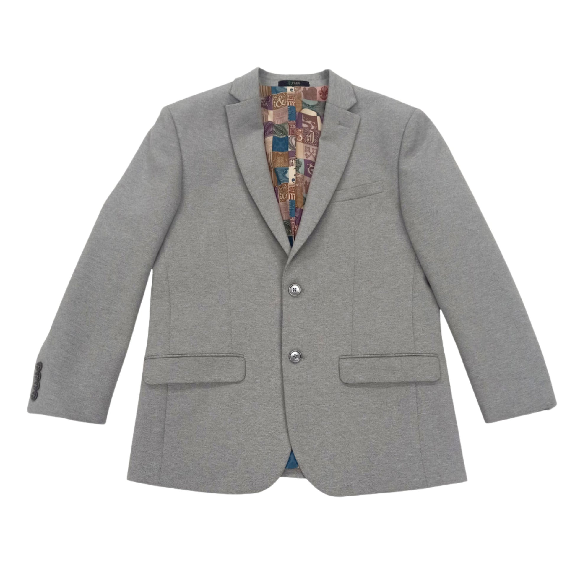 Flex Tailor Heather Gray Knit Blazer featuring a chic patterned lining, blending casual comfort with tailored elegance