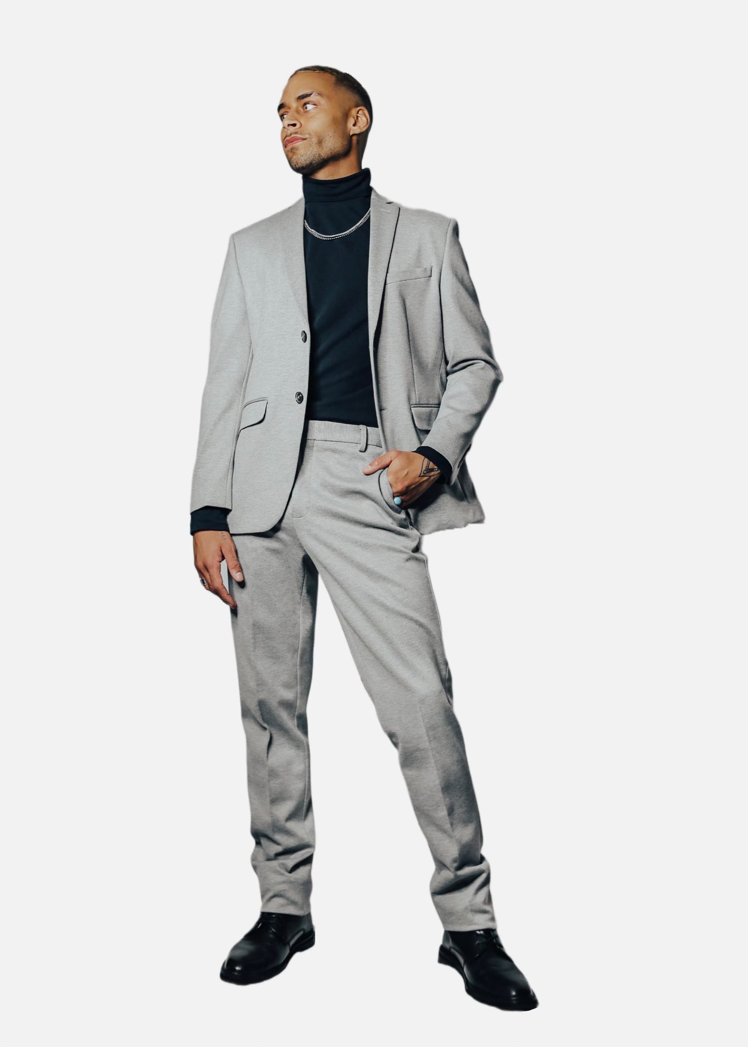 Flex Tailor Heather Gray Knit Blazer featuring a chic patterned lining, blending casual comfort with tailored elegance