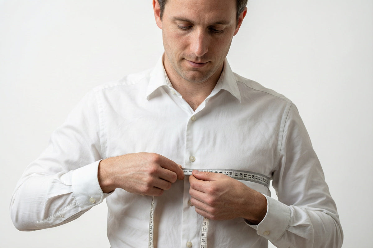 A man holding a measuring tape level around his chest over a white dress shirt