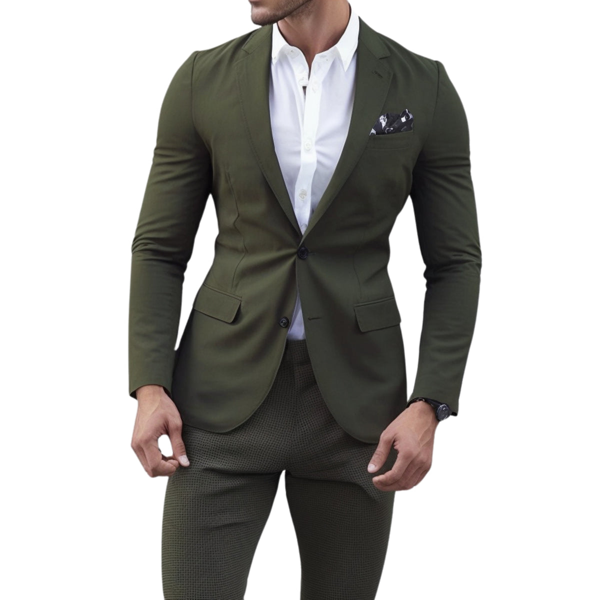Men's Slim-Fit Olive Green Stretch Blazer worn on model with matching olive trousers and white shirt
