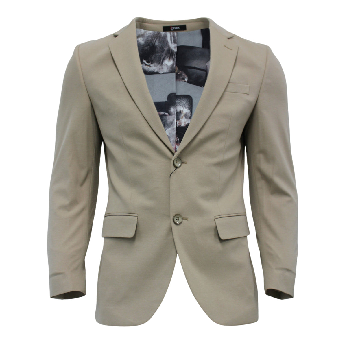 Beige jacket laid flat, front view with patterned lining at the collar and flap pockets
