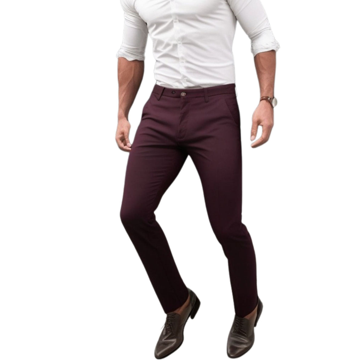 Men's Slim-Fit Stretch Burgundy Dress Pants worn on model with a white shirt and brown shoes