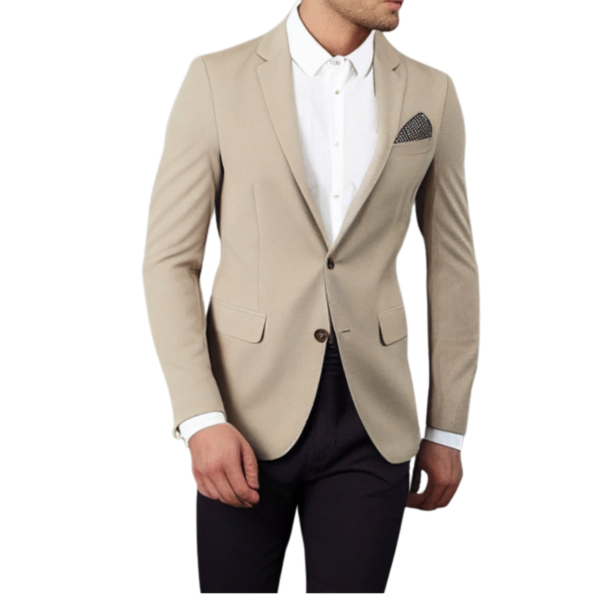 Beige jacket on model over a white shirt with a gray pocket square and black trousers