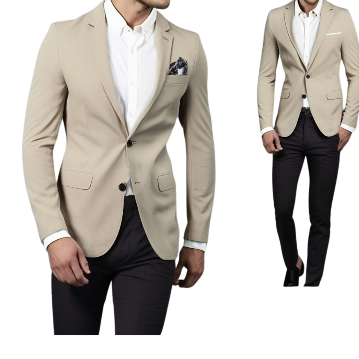 Beige jacket on model over a white shirt with black trousers, torso and full-length views