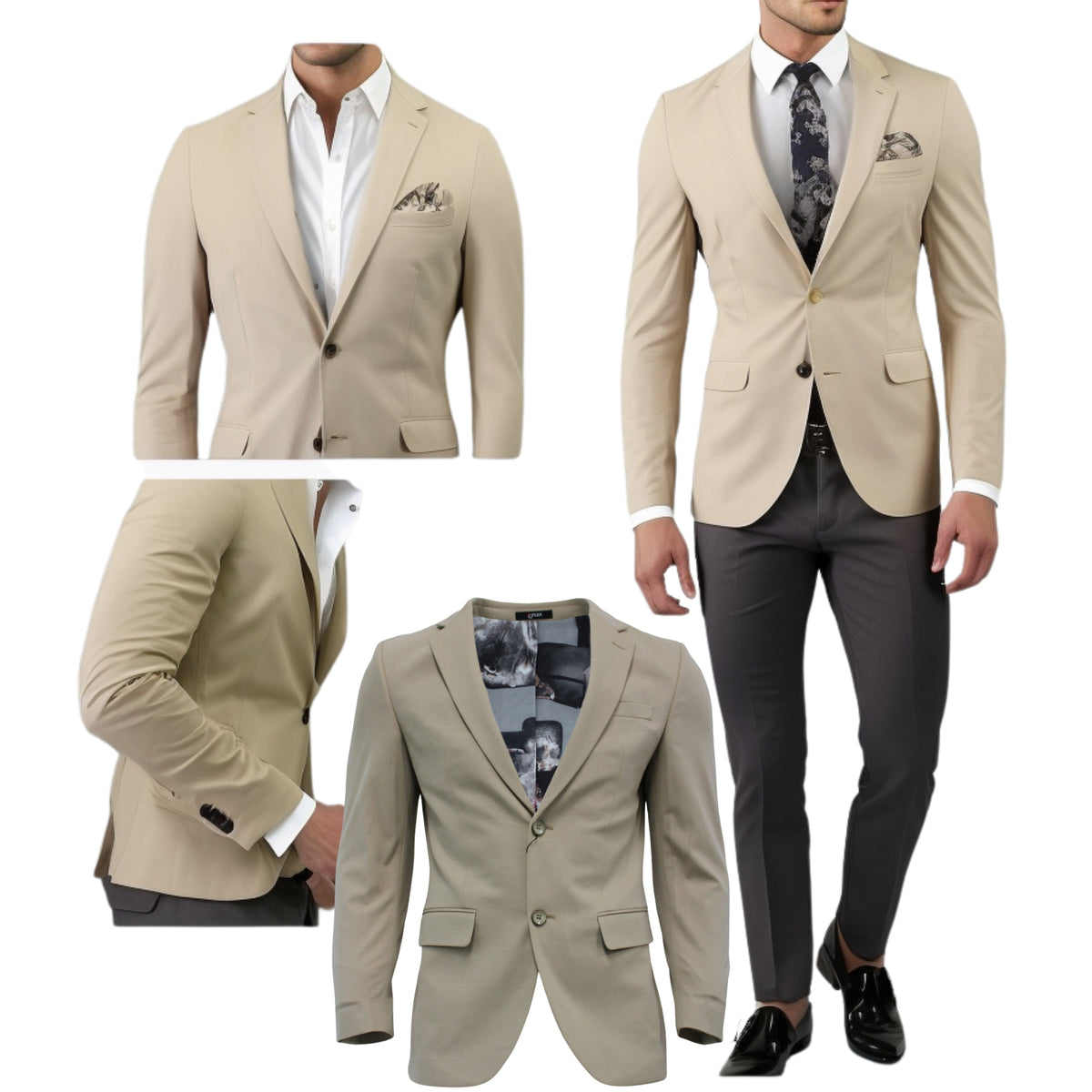 Beige jacket collage: on model, sleeve detail, laid flat and as a full suit