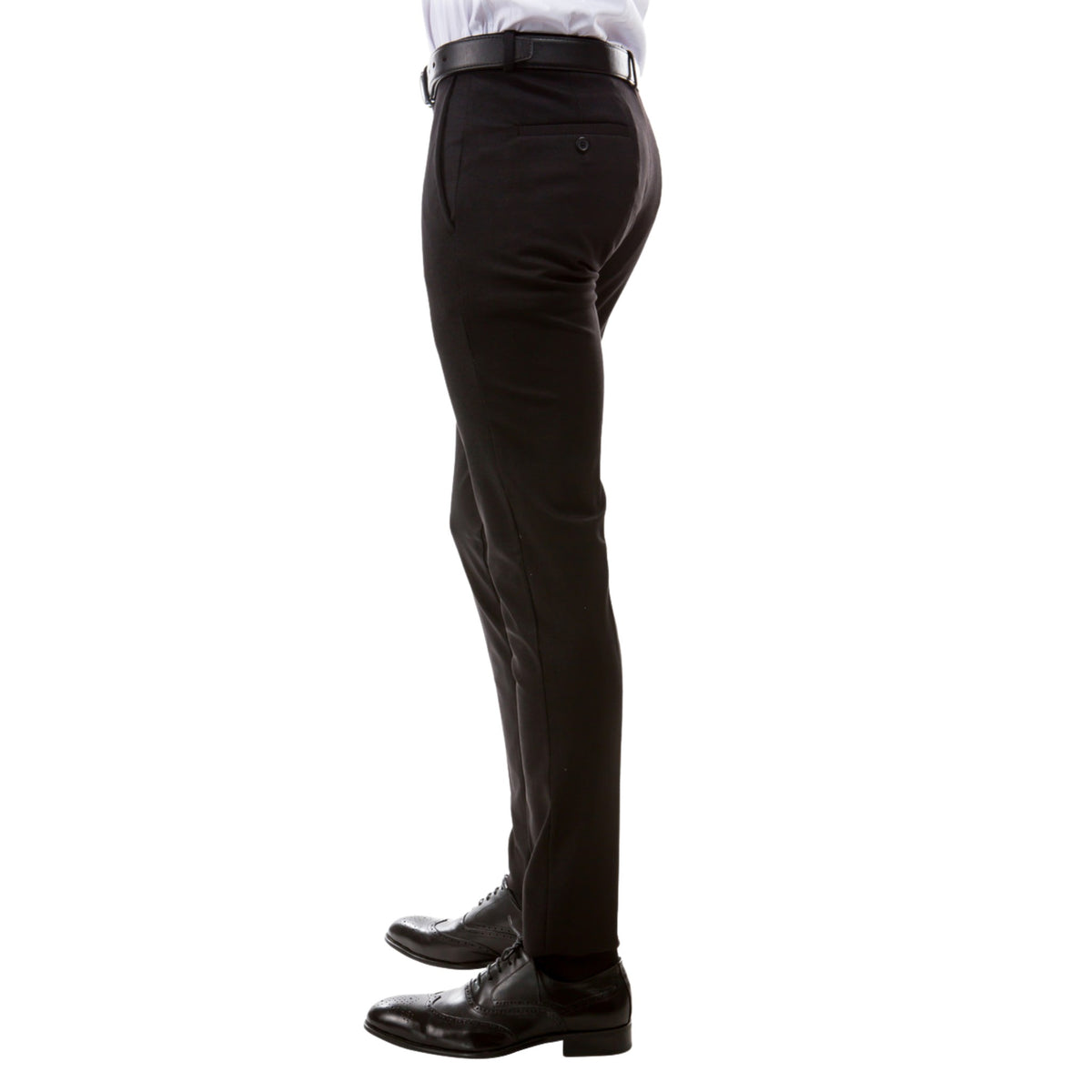 Men's Slim-Fit Stretch Black Dress Pants on model, side profile with white shirt, black belt and black dress shoes