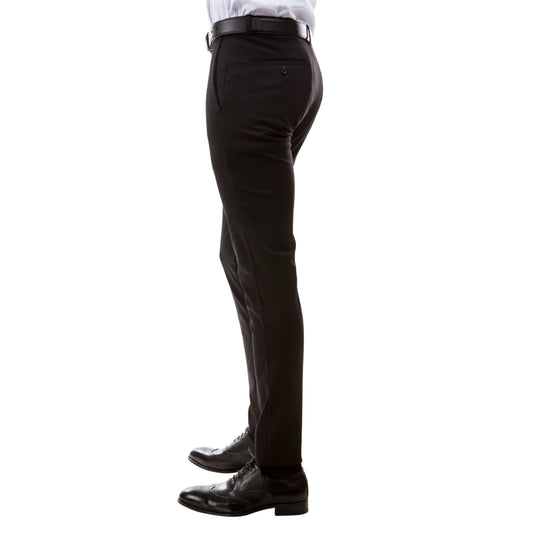 A mannequin displaying Flex Tailor's slim and tapered jet black dress pants, highlighting the sleek fit and stretch fabric