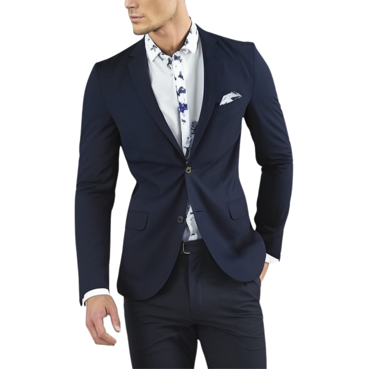Navy jacket on model over a floral shirt with a white pocket square and navy trousers
