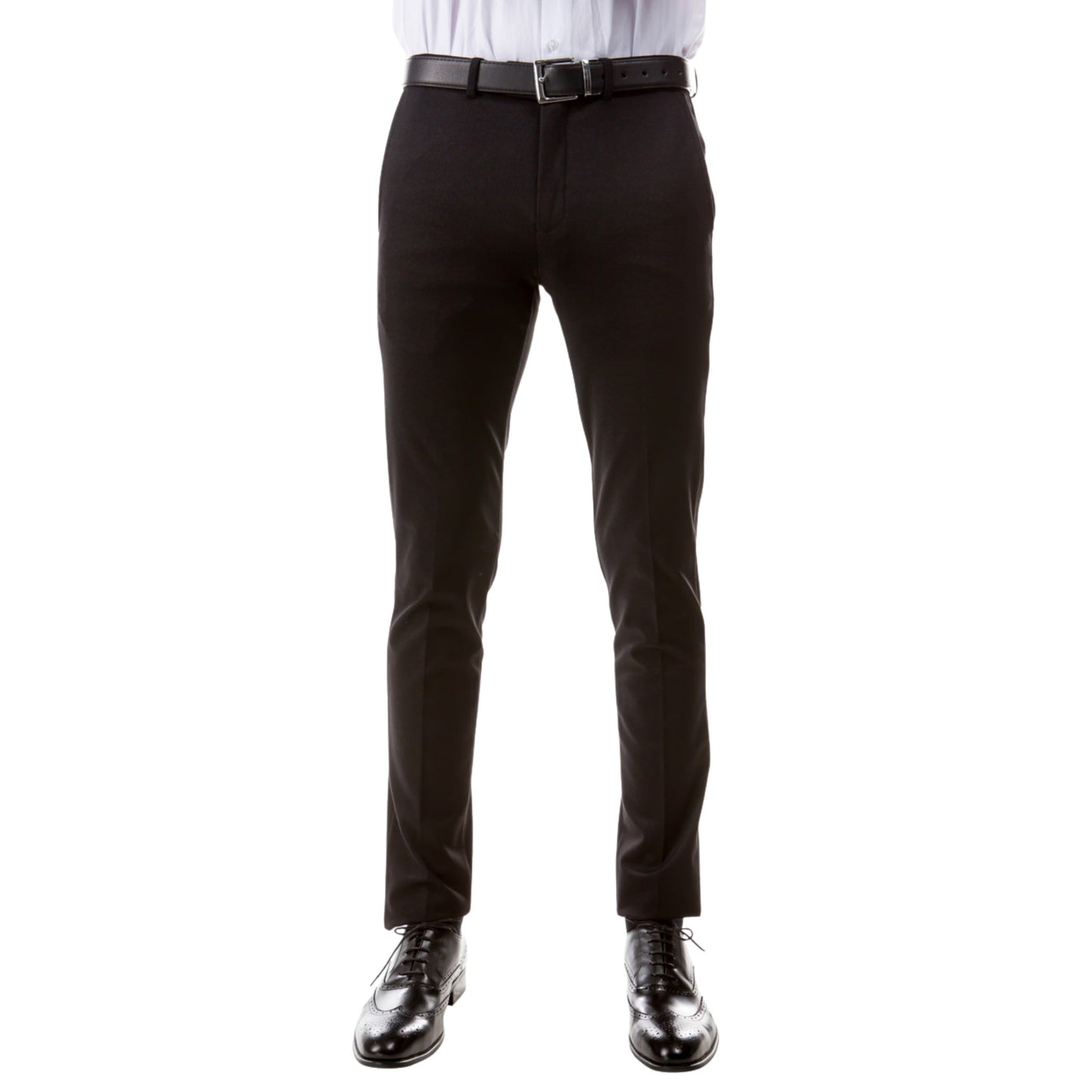 A mannequin displaying Flex Tailor's slim and tapered jet black dress pants, highlighting the sleek fit and stretch fabric