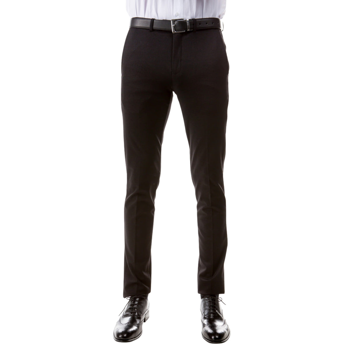 Men's Slim-Fit Stretch Black Dress Pants on model, front view with white shirt, black belt and black dress shoes