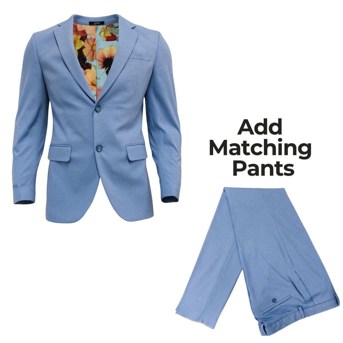 Men's Slim-Fit Stretch Sky Blue Dress Pants folded beside the matching sky blue jacket with floral lining