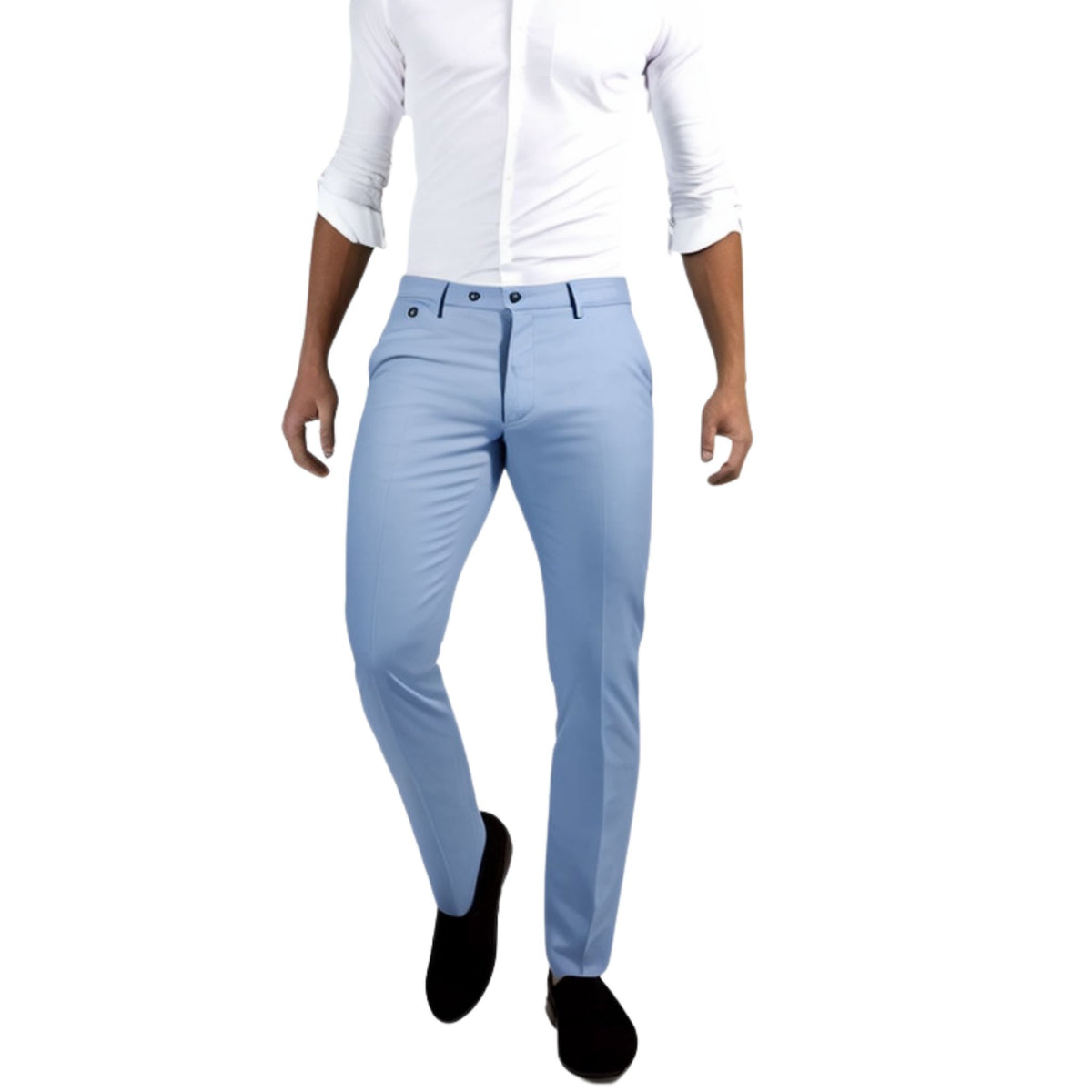 Men's Slim-Fit Stretch Sky Blue Dress Pants worn on model with a white shirt and black shoes