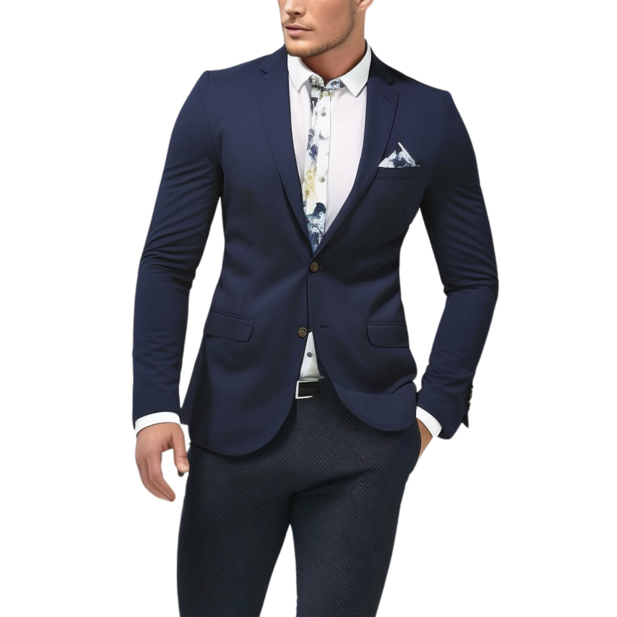 Navy jacket on model over a floral shirt with a pocket square and navy trousers