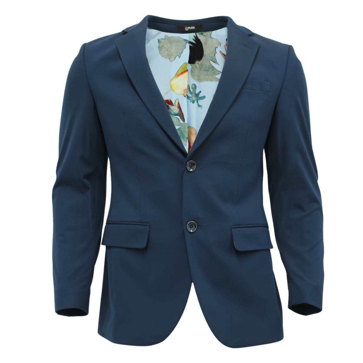Navy jacket laid flat, front view with floral lining at the collar and flap pockets