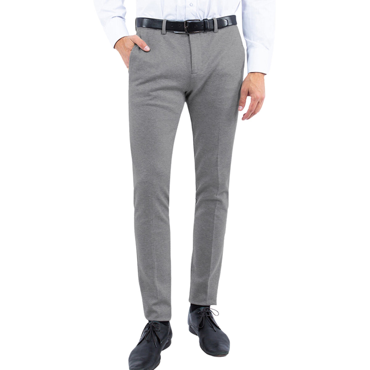 Men's Slim-Fit Stretch Gray Dress Pants on model with white shirt, black belt and hand in pocket