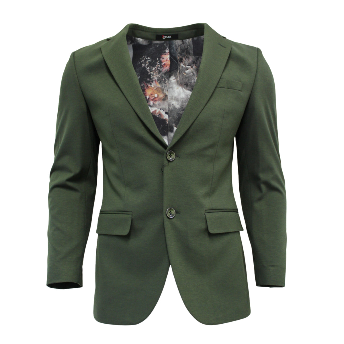 Men's Slim-Fit Olive Green Stretch Blazer front view showing the printed lining, two-button closure and flap pockets