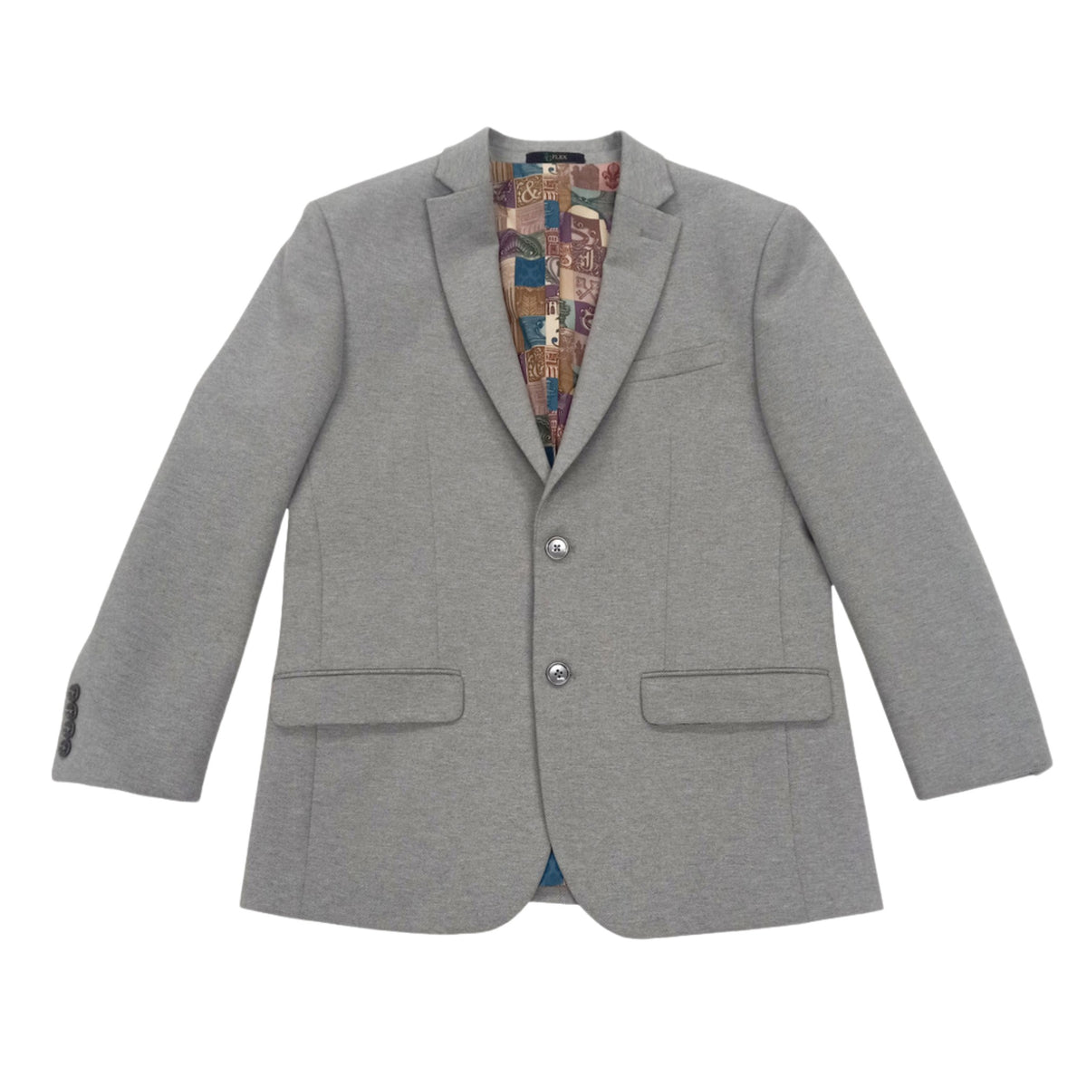 Heather gray jacket laid flat, front view with patterned lining at the collar and flap pockets