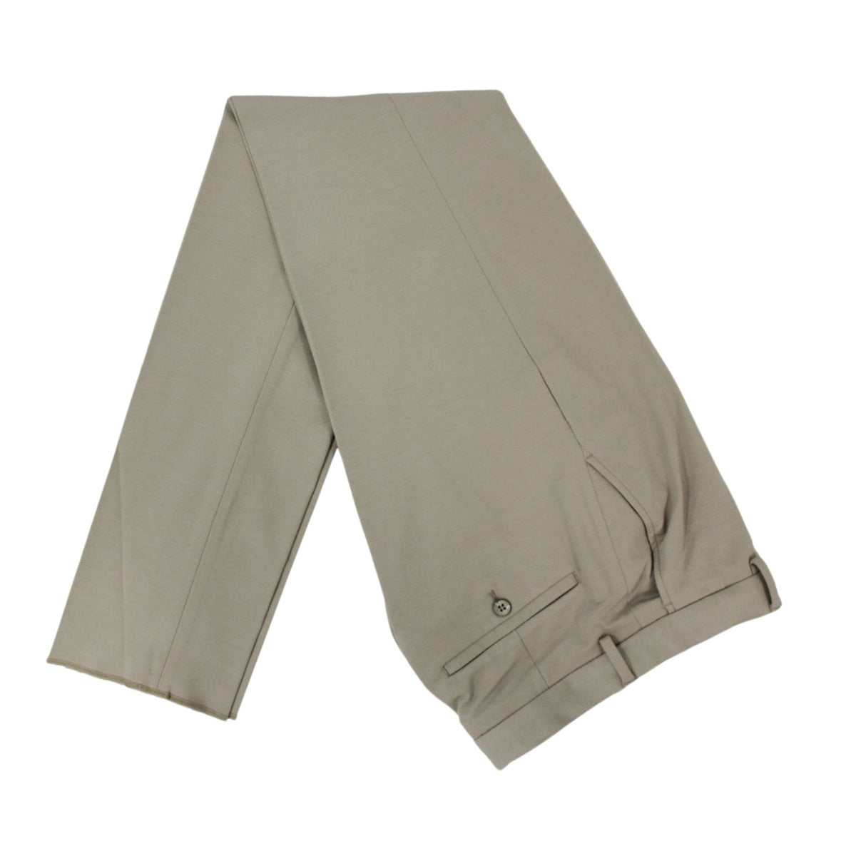 Men's Slim-Fit Stretch Beige Dress Pants laid flat, folded to show the waistband and pocket detail
