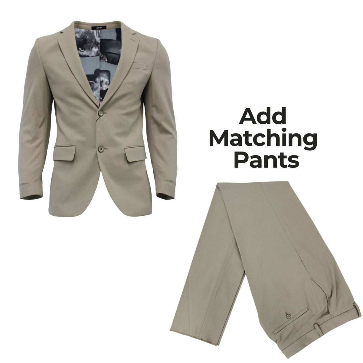 Men's Slim-Fit Stretch Beige Dress Pants shown with the matching beige blazer and folded trousers
