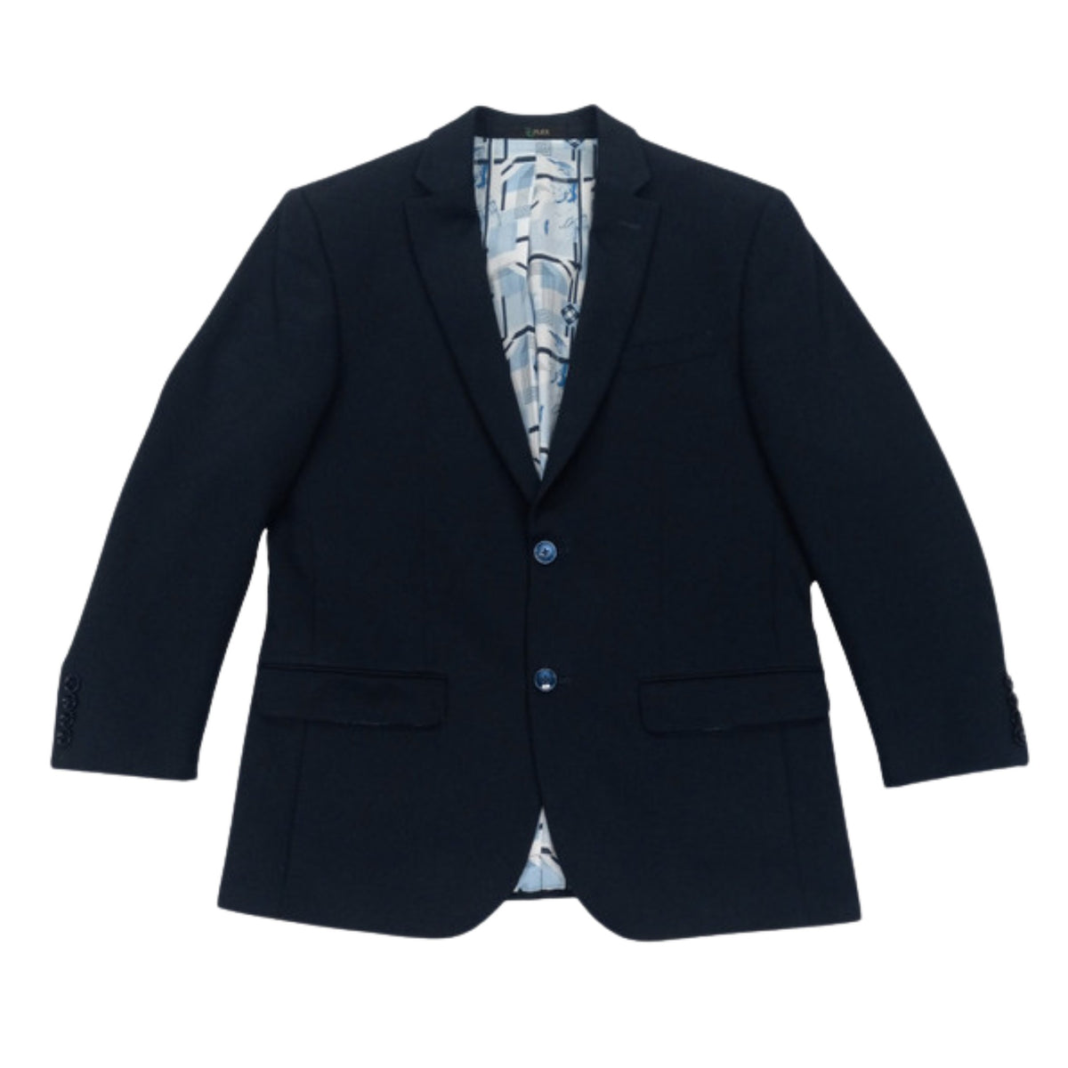 Navy knit blazer laid flat, front view, open to show the blue and white patterned inner lining