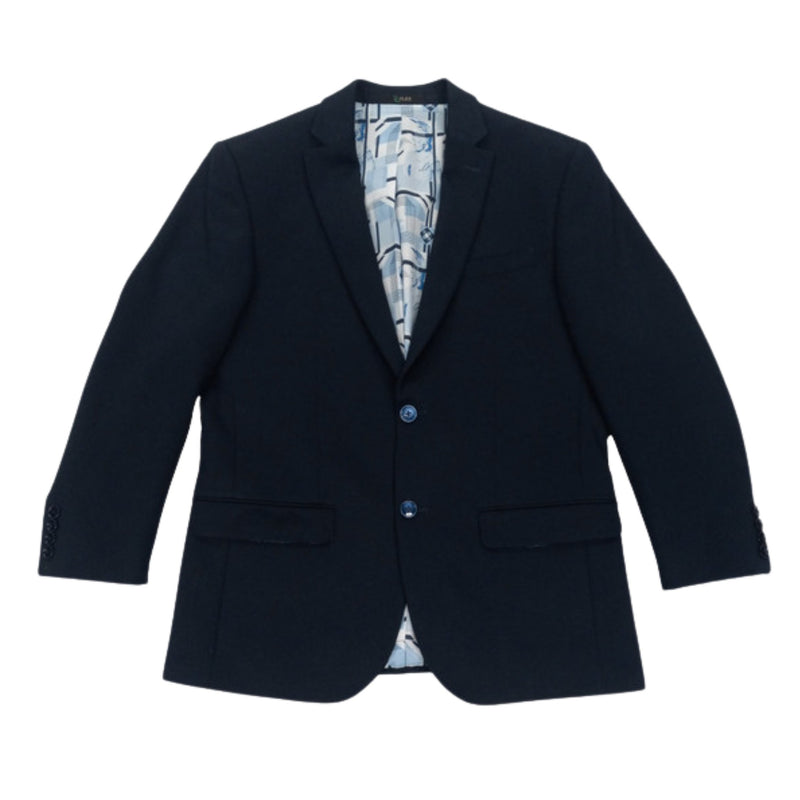 Navy knit blazer laid flat, front view, open to show the blue and white patterned inner lining