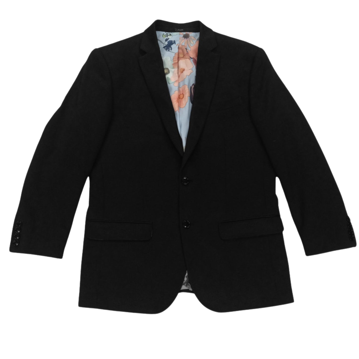 A versatile Flex Tailor Knit Black Blazer featuring a stylish floral lining, merging comfort with elegance