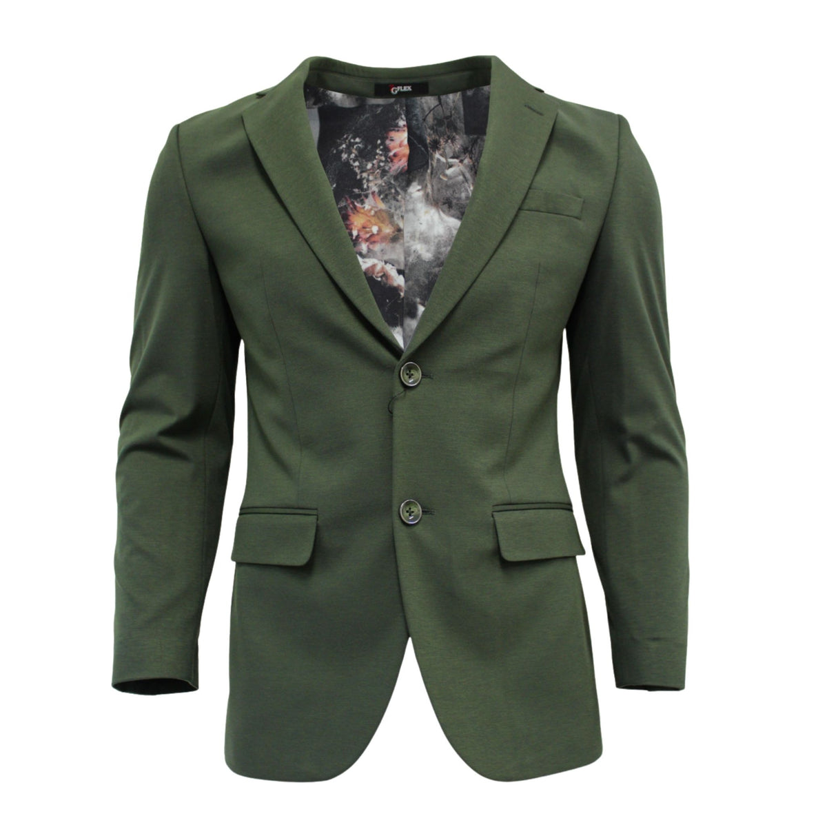 Men's Slim-Fit Olive Green Stretch Suit jacket front view showing the printed lining and flap pockets