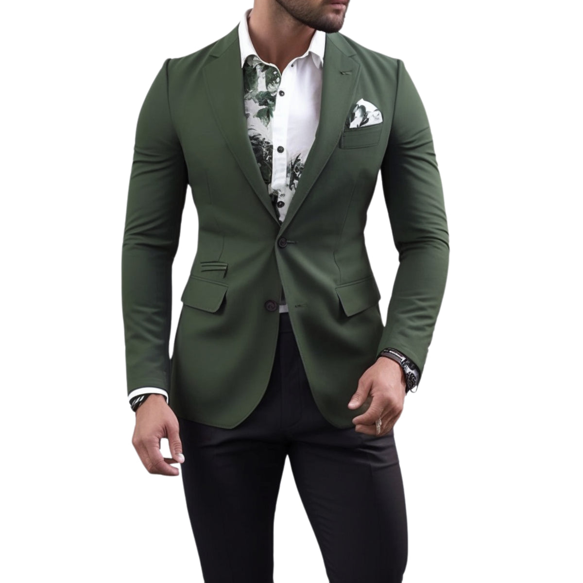 Men's Slim-Fit Olive Green Stretch Blazer worn on model over a white shirt with floral print and pocket square