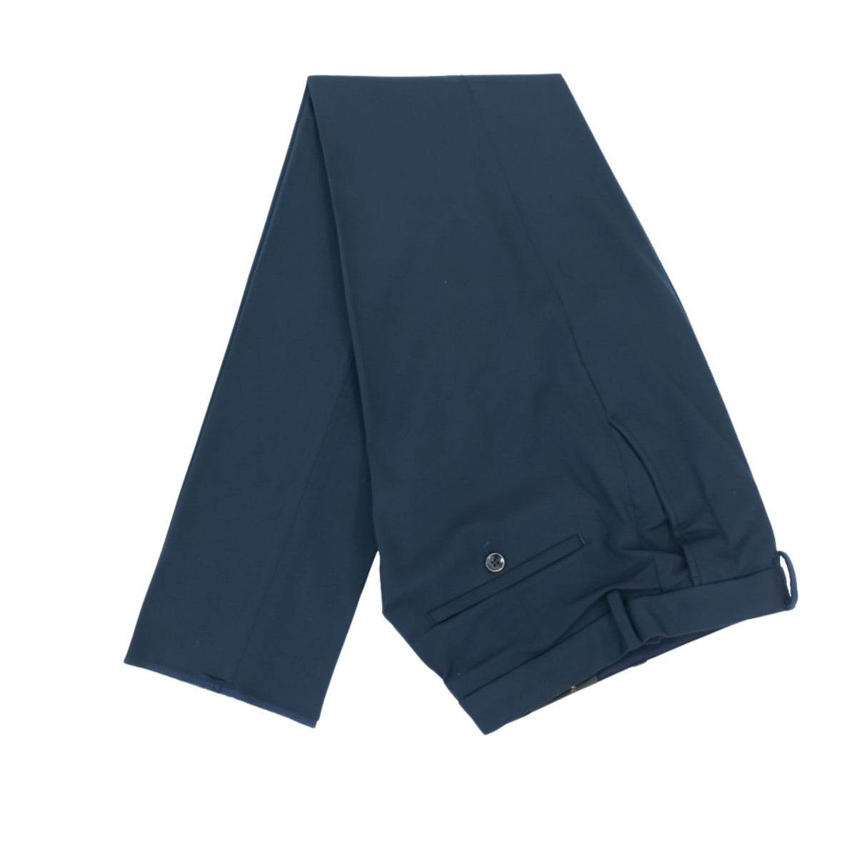 Men's Slim-Fit Stretch Navy Dress Pants laid flat, folded to show the waistband, button and pocket detail