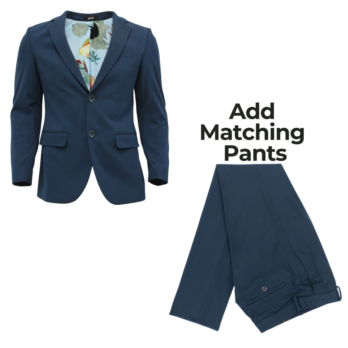 Men's Slim-Fit Stretch Navy Dress Pants shown with the matching navy blazer and folded trousers