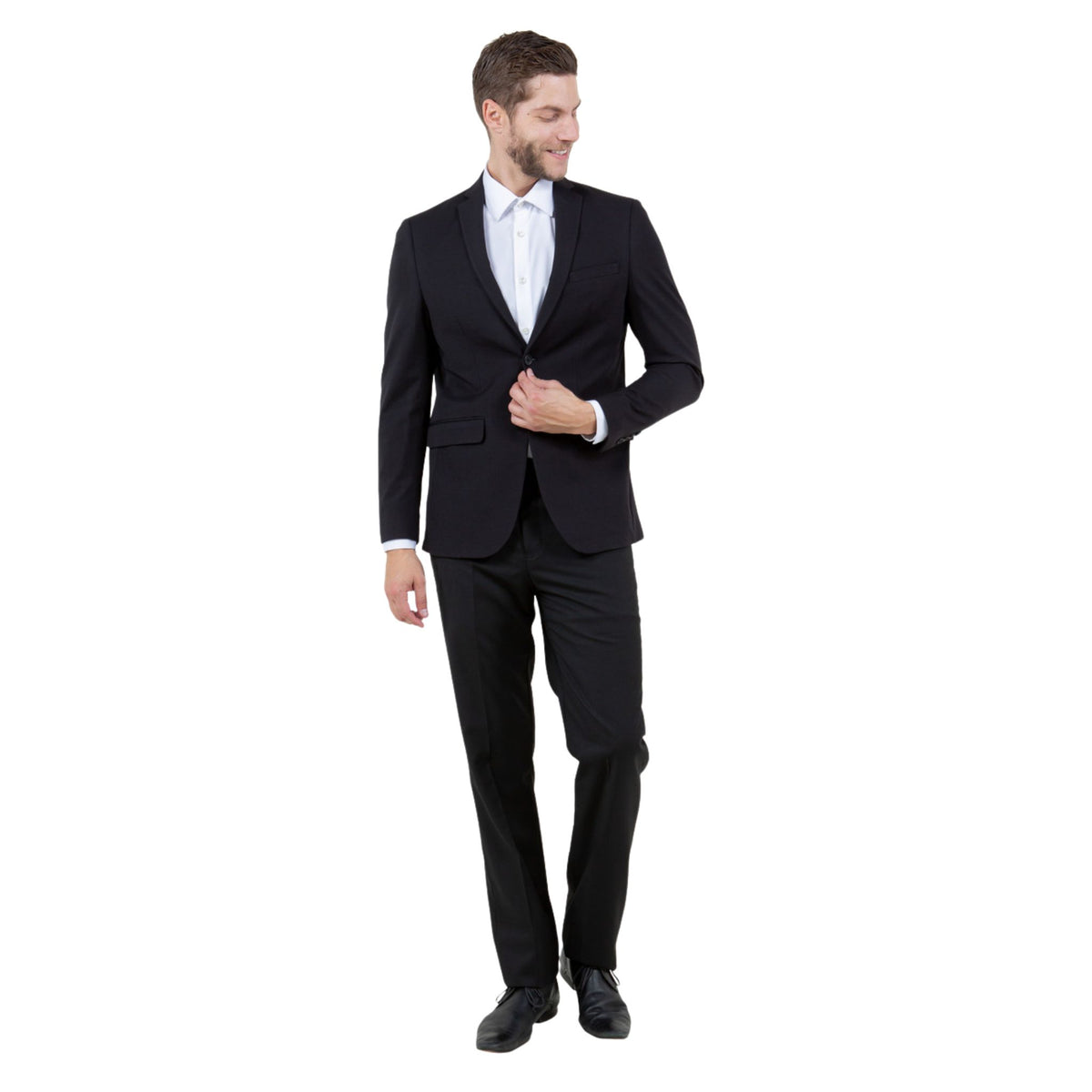 Black jacket and trousers on model over a white shirt, full-length front view