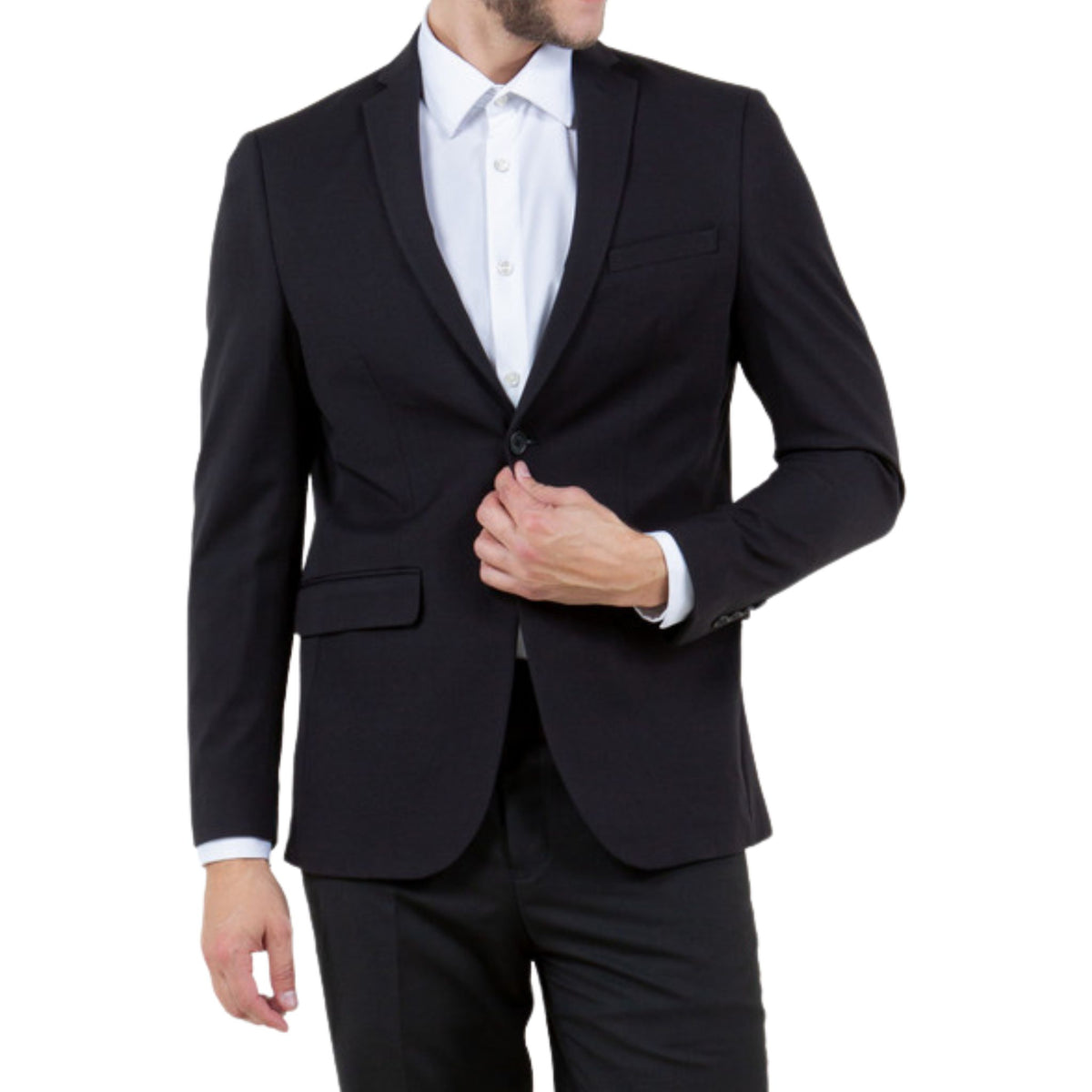 Black jacket and trousers on model over a white shirt, front torso view