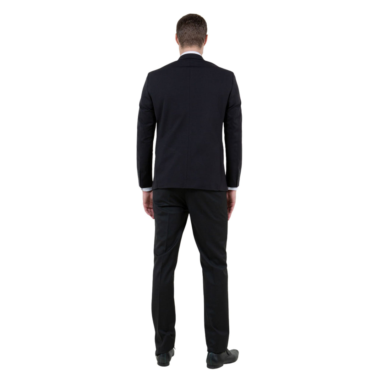 Black jacket and trousers on model, back view