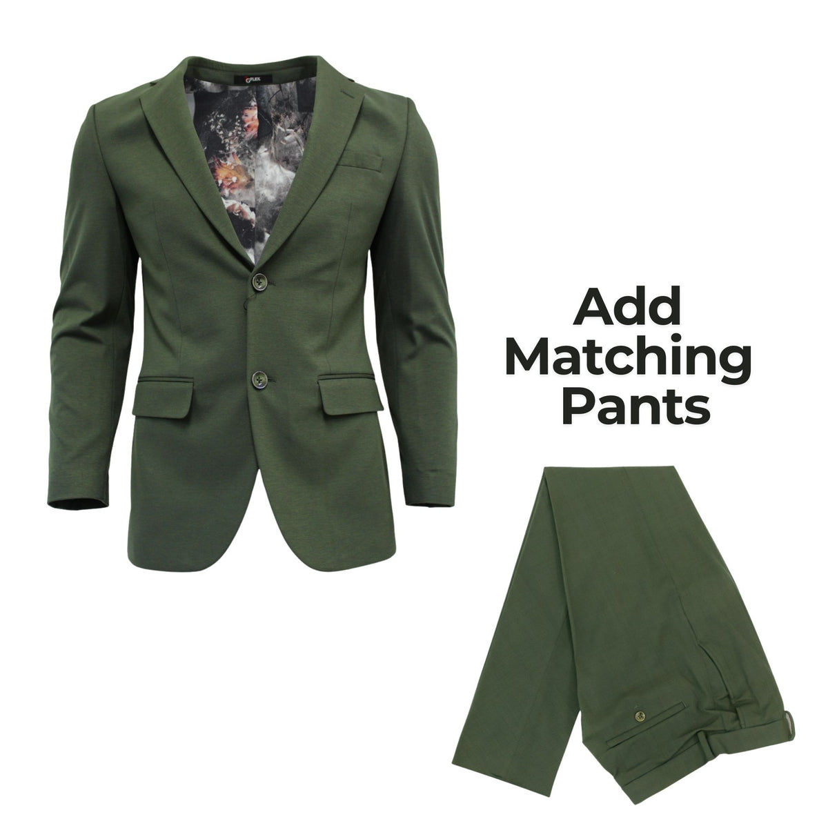 Men's Slim-Fit Stretch Olive Green Dress Pants shown with the matching olive blazer and folded trousers