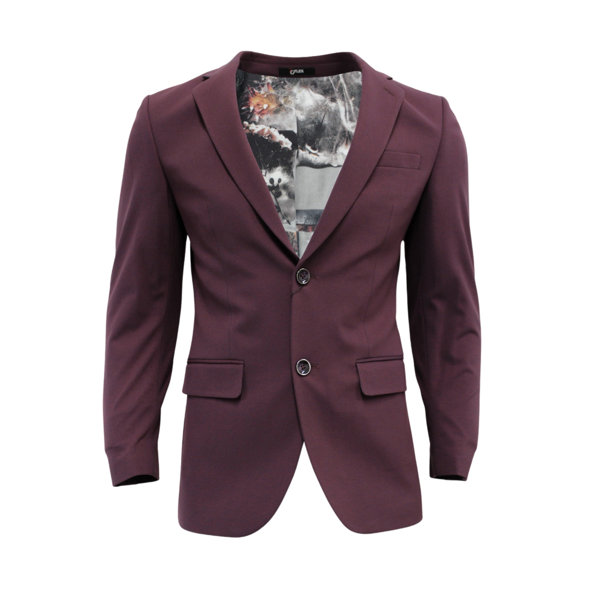 Burgundy jacket laid flat, front view with patterned lining at the collar and flap pockets