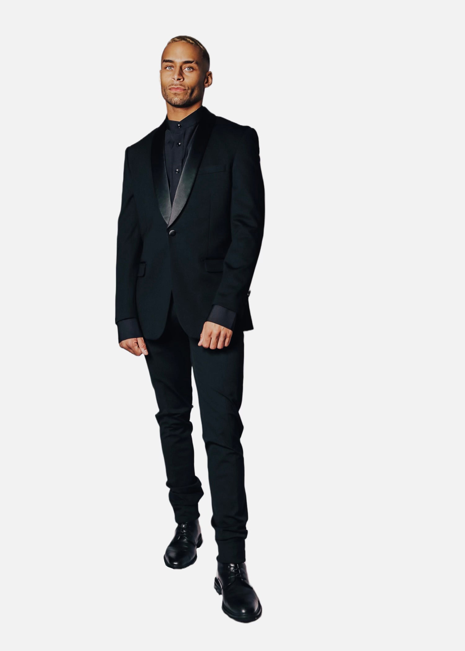 Men's Black Stretch Tuxedo Jacket with grey satin shawl lapel worn on model, full body with black shirt and trousers