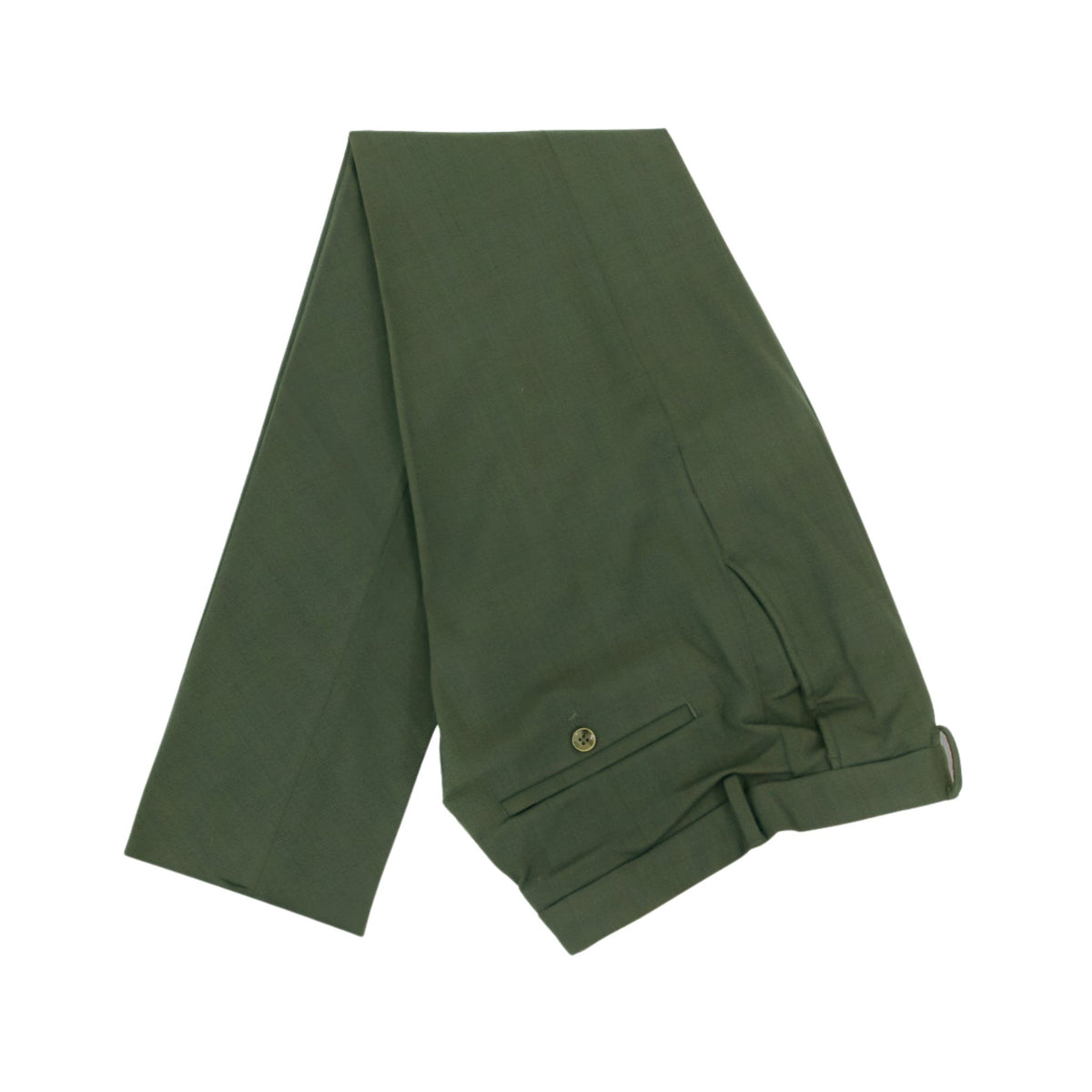 Men's Slim-Fit Stretch Olive Green Dress Pants laid flat, folded to show the waistband, button and pocket detail