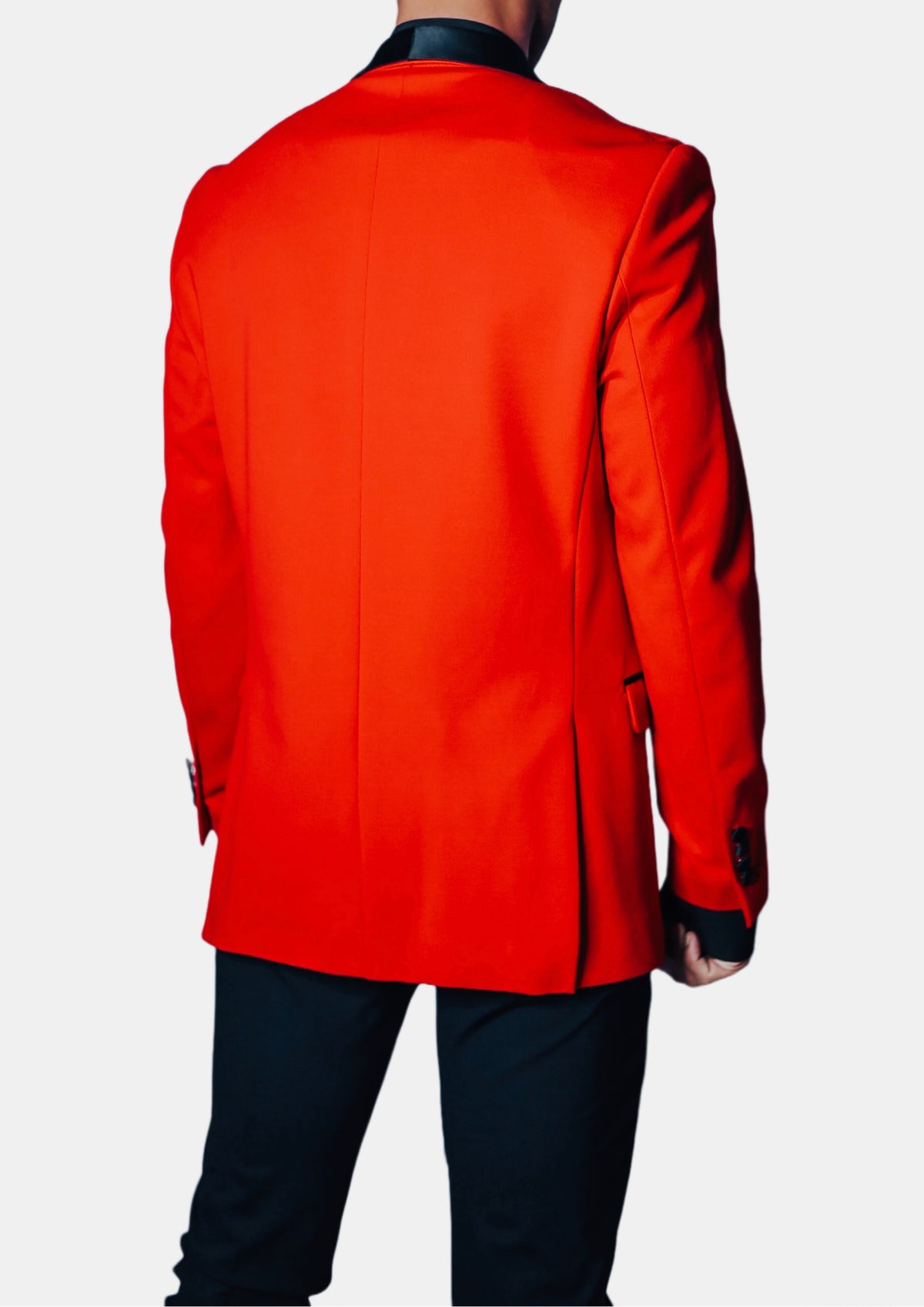 Men's Red Stretch Tuxedo Jacket on model, back view over black trousers