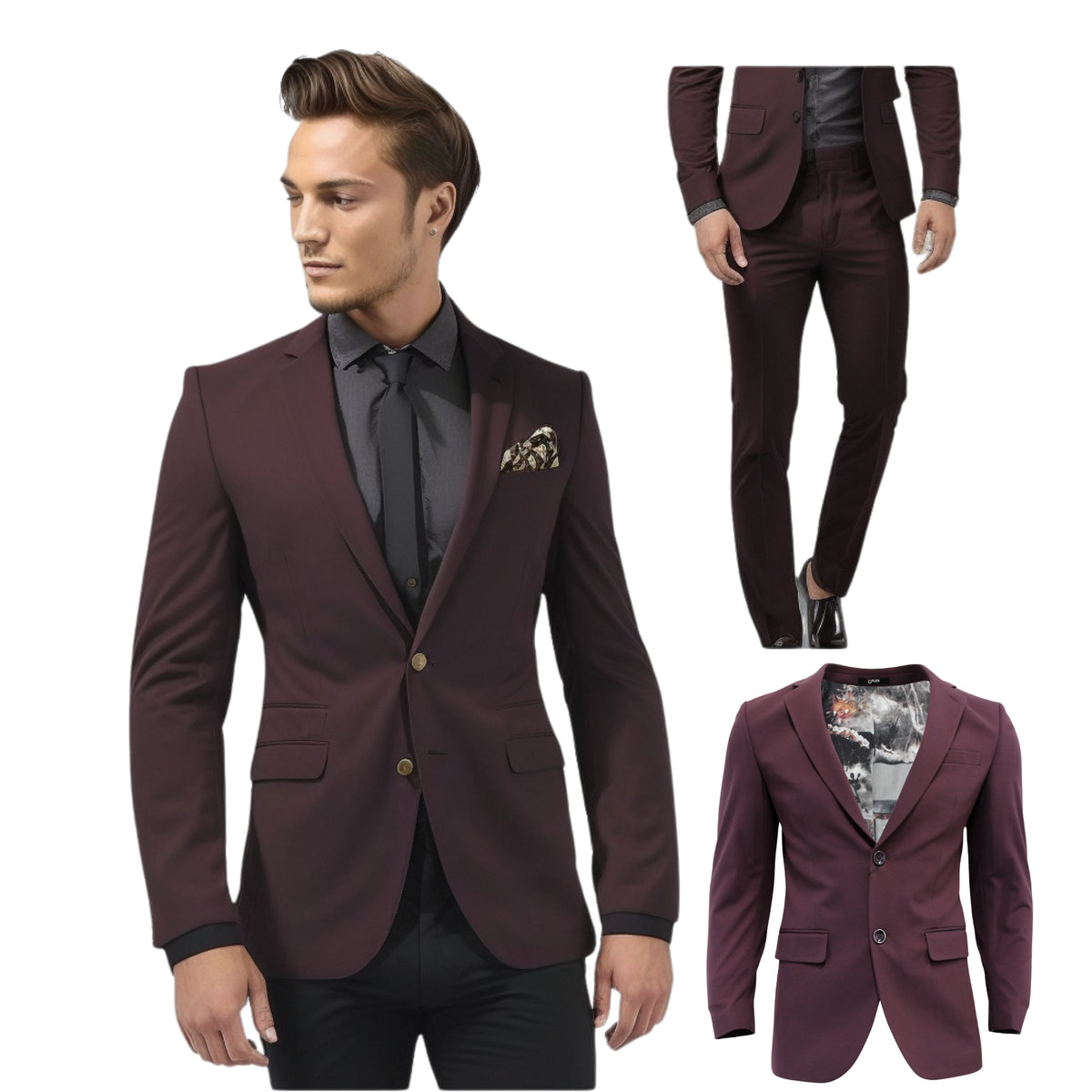 Burgundy jacket collage: on model with black shirt and tie, plus full-suit and laid-flat views