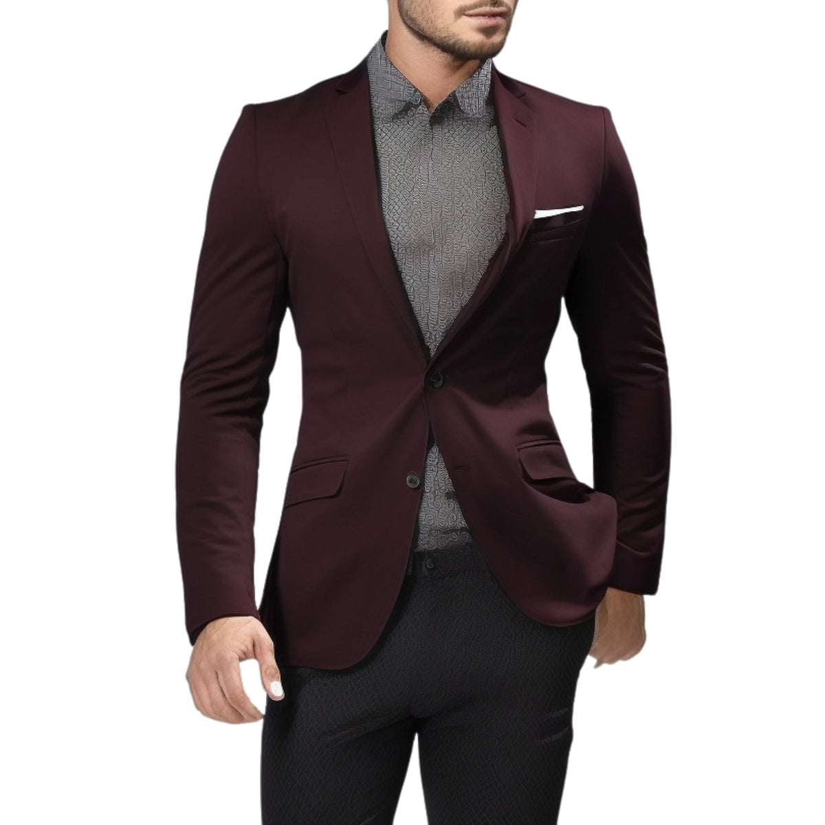 Burgundy jacket and trousers on model over a gray shirt with a white pocket square