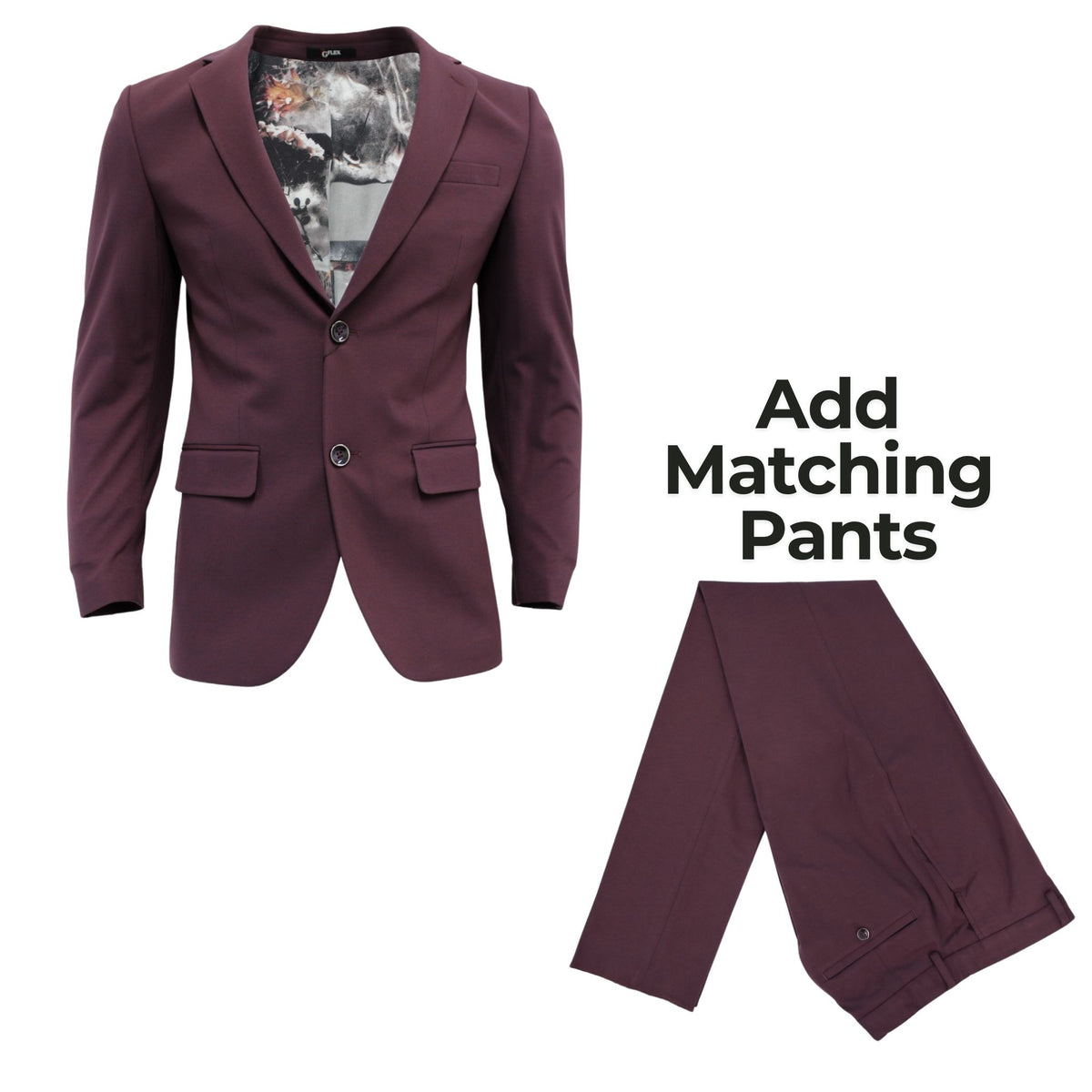 Men's Slim-Fit Stretch Burgundy Dress Pants folded beside the matching burgundy jacket with printed lining