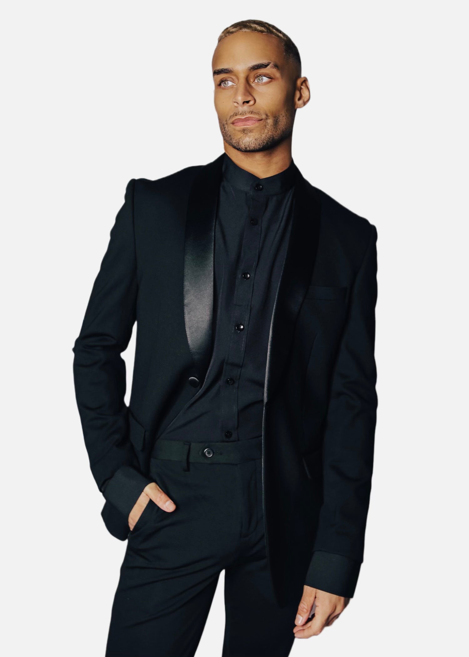 Men's Black Stretch Tuxedo Jacket with grey satin shawl lapel worn on model over a black shirt, torso view
