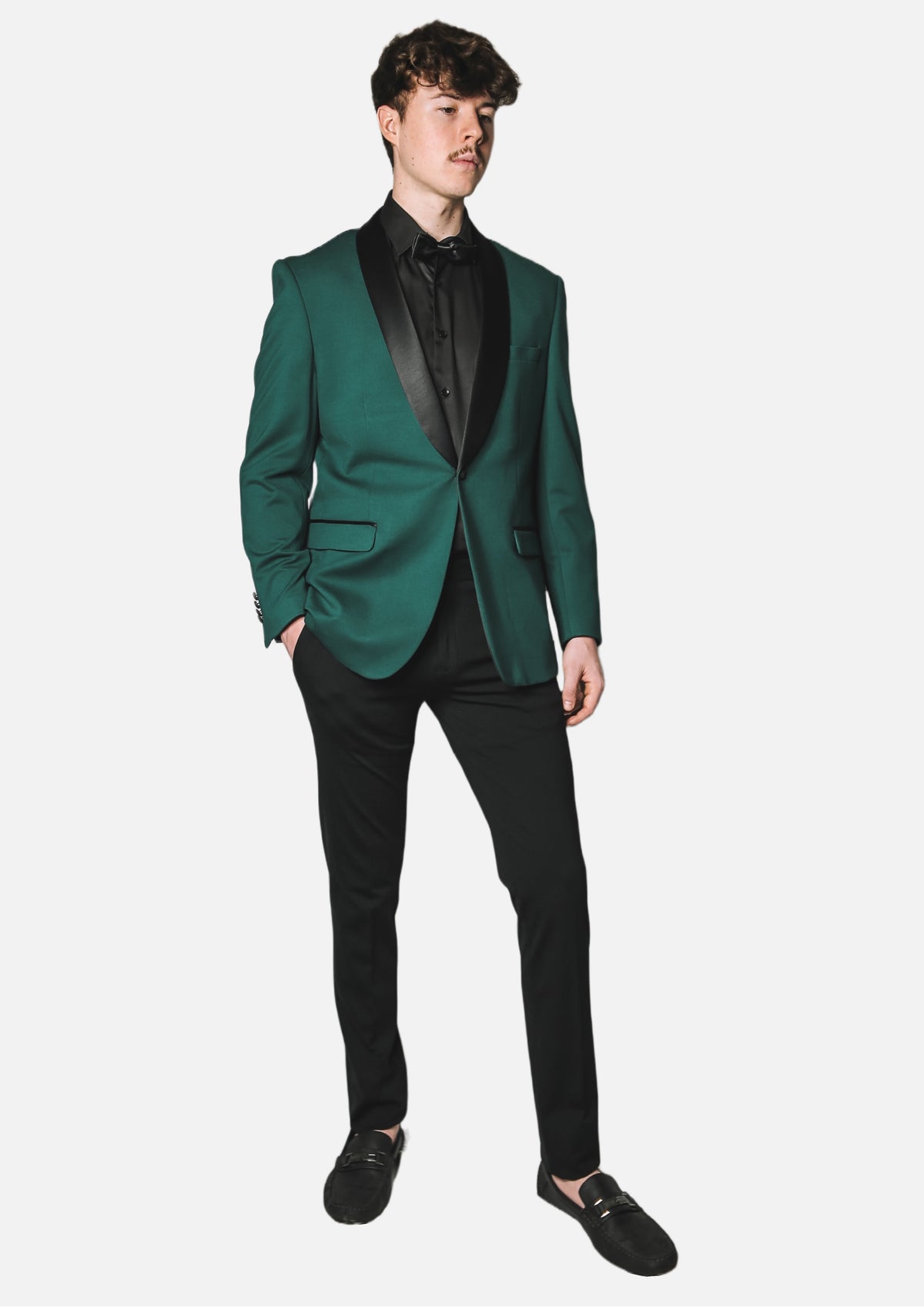 Men's Emerald Green Tuxedo Jacket with black satin shawl lapel worn on model, full body with black trousers and loafers