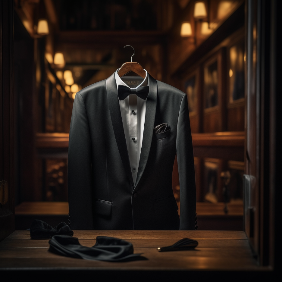Men's Black Stretch Tuxedo Jacket with grey satin shawl lapel on a hanger, styled with bow tie and pocket square