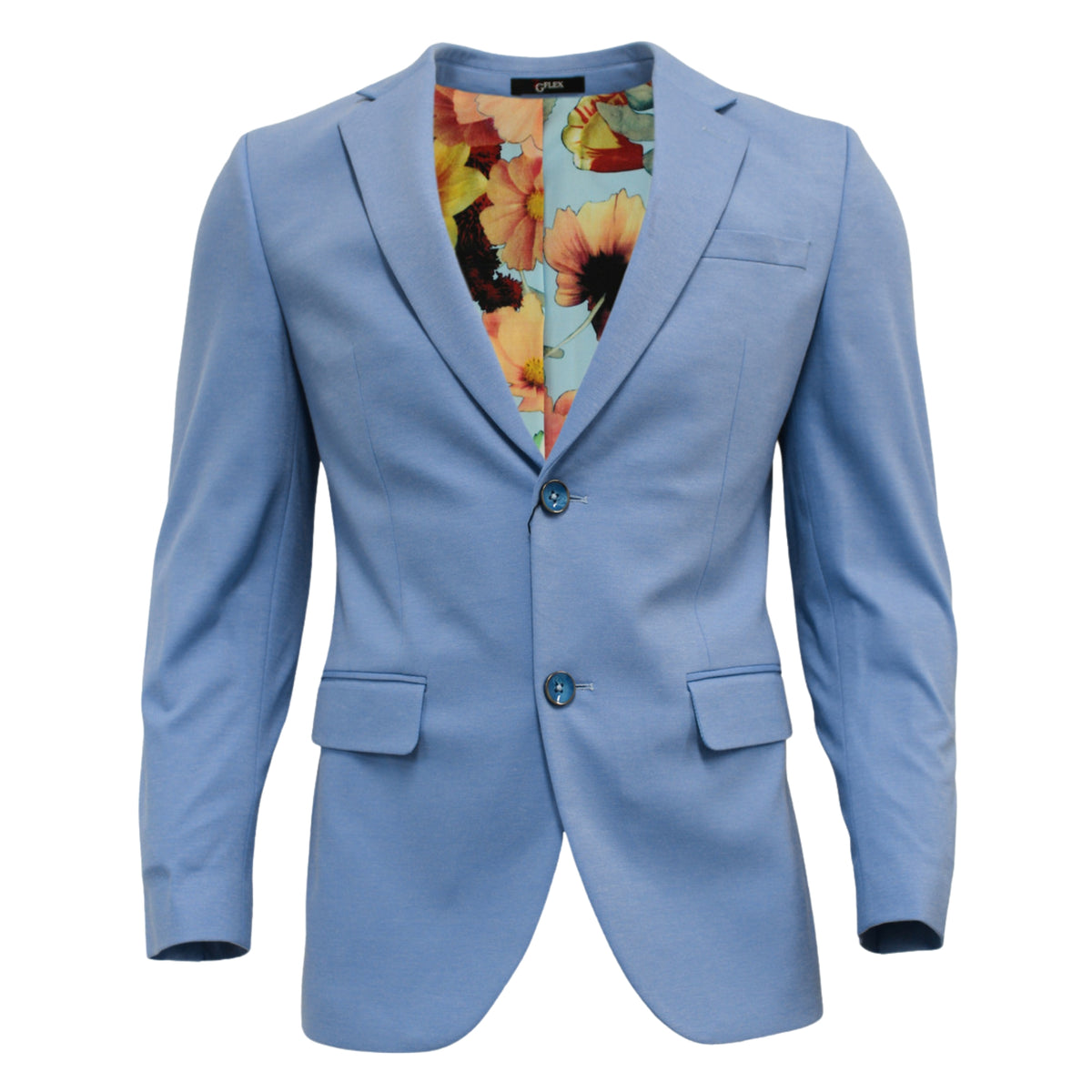 Sky blue jacket laid flat, front view with floral lining at the collar and flap pockets