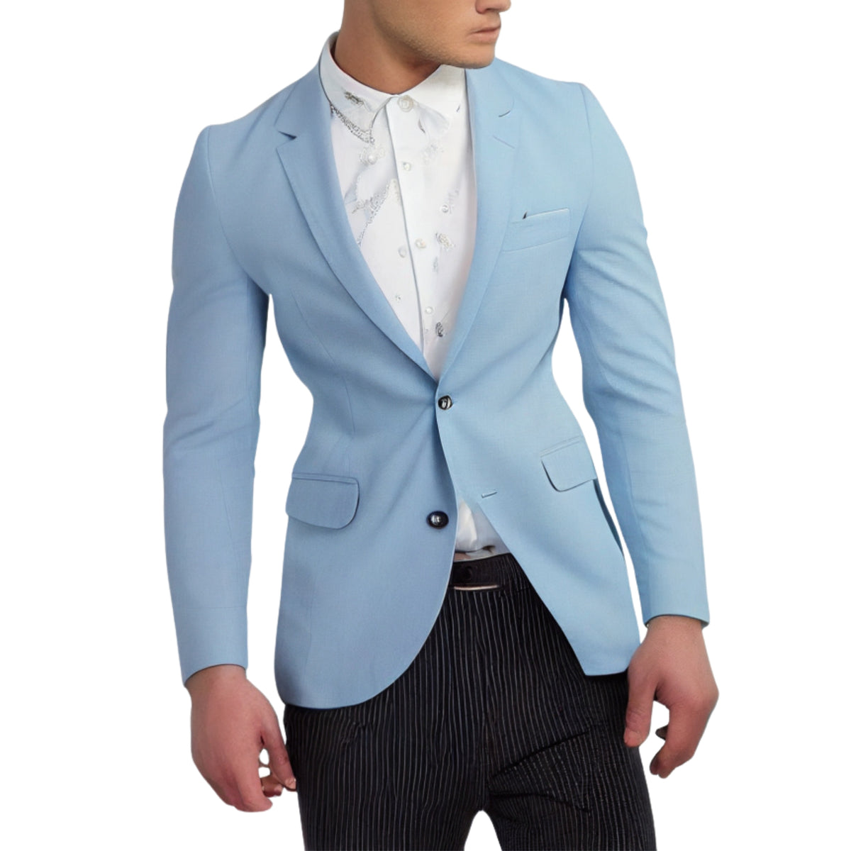 Sky blue jacket on model over a white shirt with dark pinstripe trousers