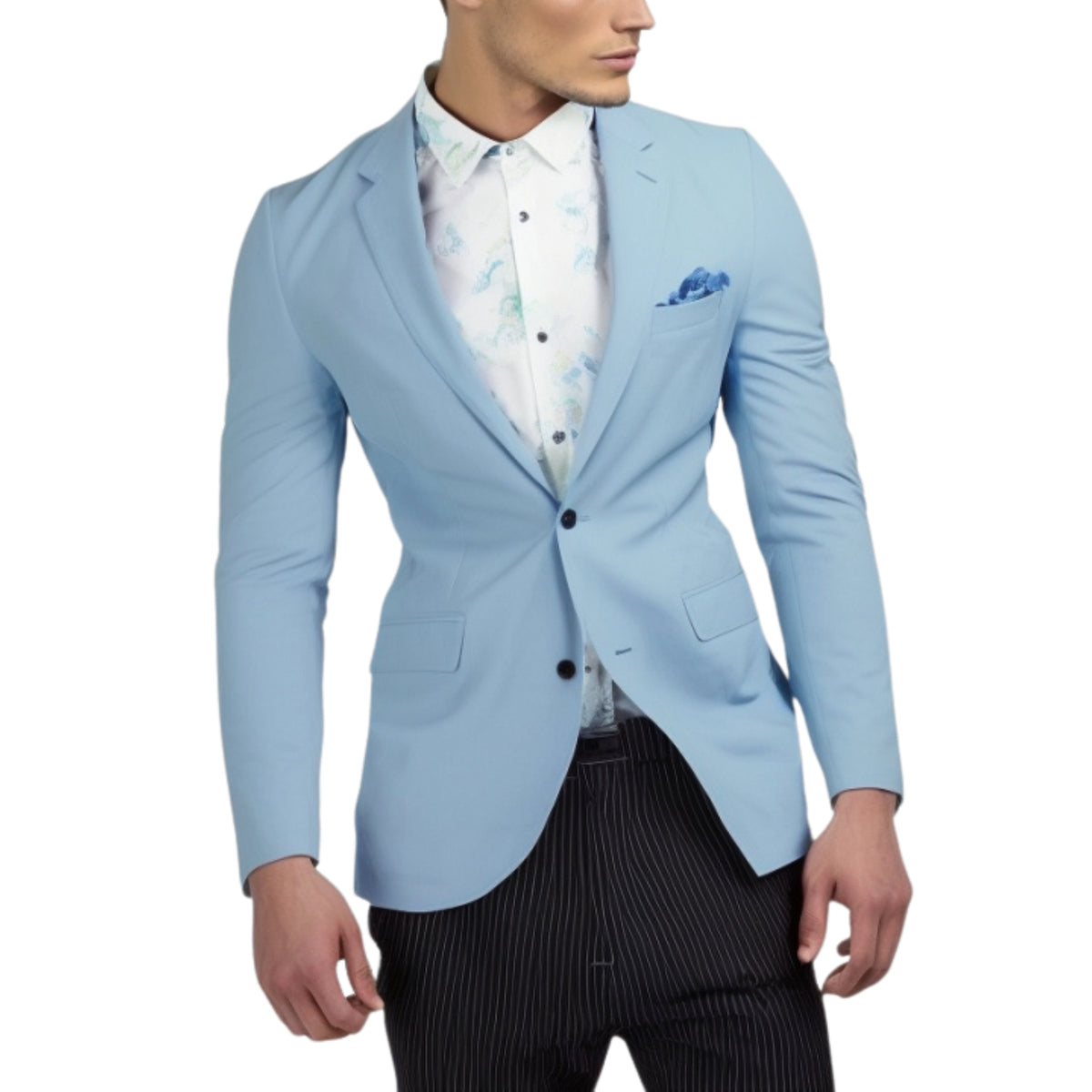 Sky blue jacket on model over a white shirt with a floral pocket square and pinstripe trousers
