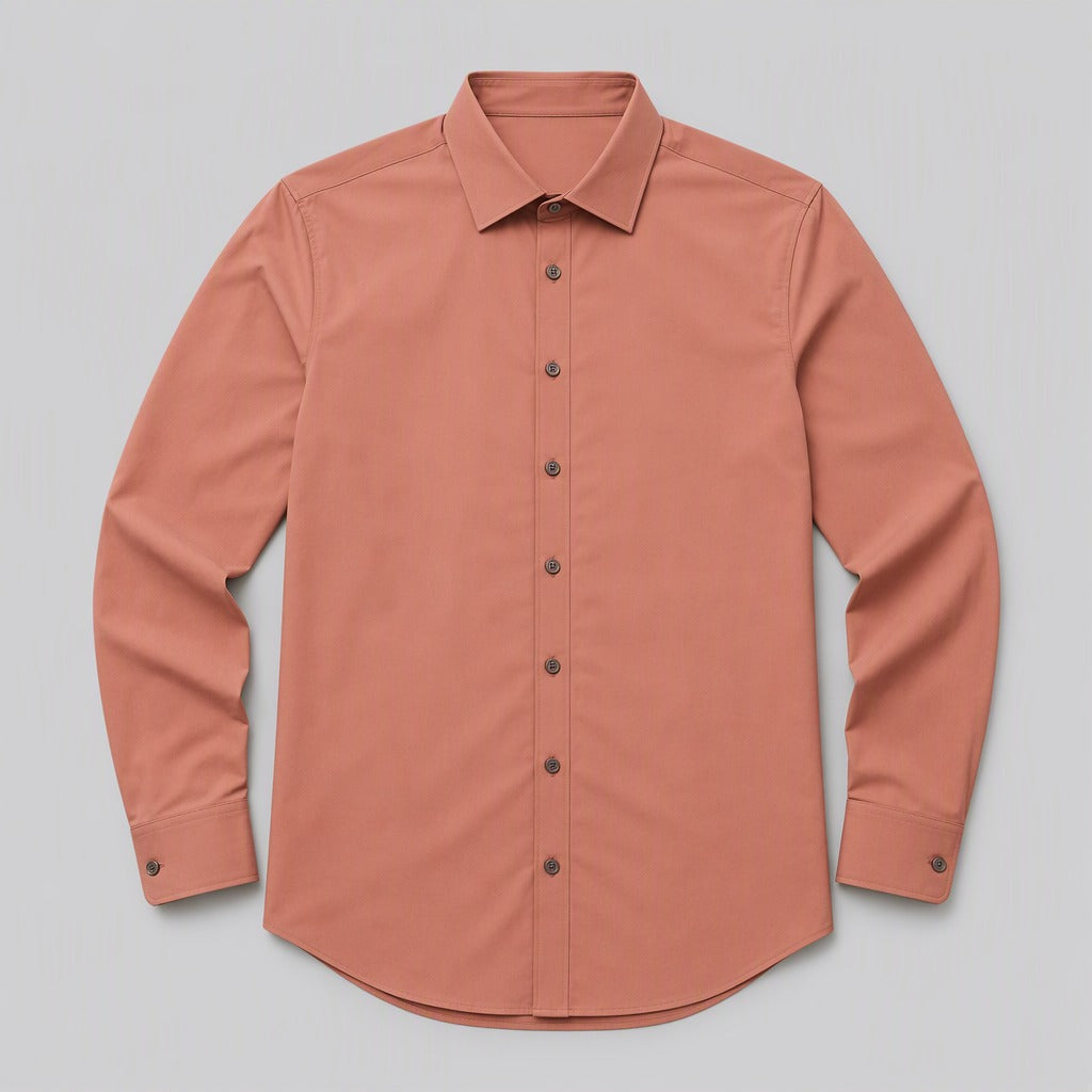 Men's Astro Dust Stretch Dress Shirt — laid flat, front view, pointed collar and seven-button placket
